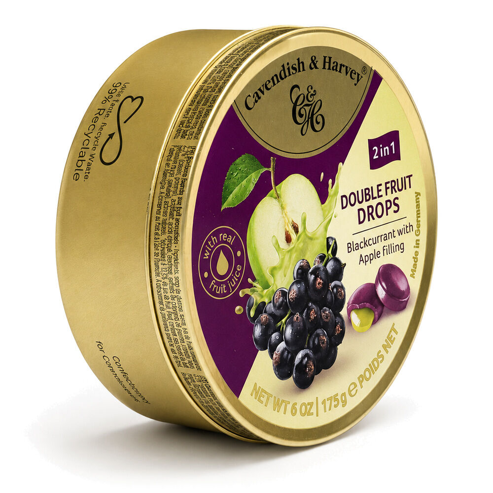 Cavendish & Harvey Double Fruit Blackcurrant Drops Filled With Apple 175gm Tin Sweets