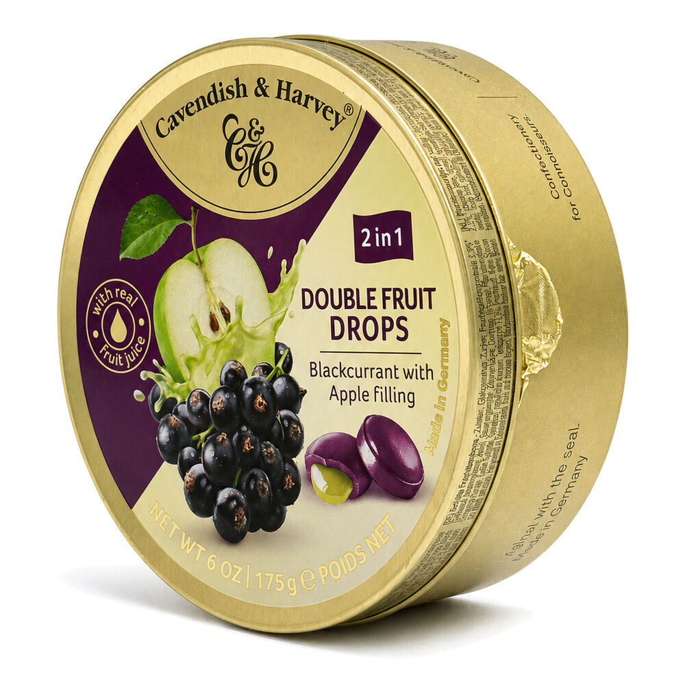 Cavendish & Harvey Double Fruit Blackcurrant Drops Filled With Apple 175gm Tin Sweets