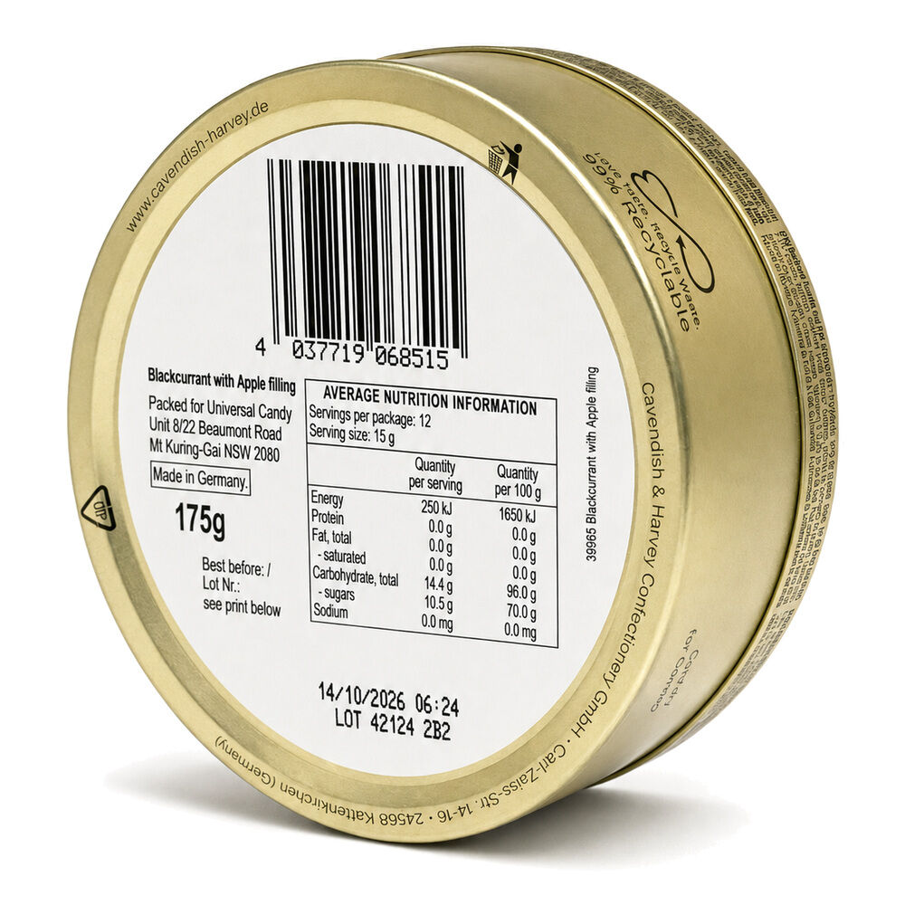 Cavendish & Harvey Double Fruit Blackcurrant Drops Filled With Apple 175gm Tin Sweets