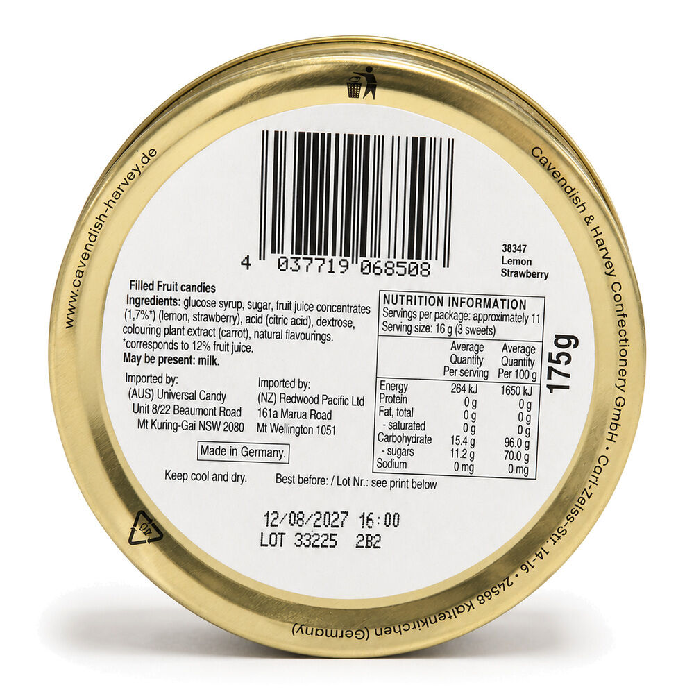 Cavendish & Harvey Double Fruit Lemon Drops Filled With Strawberry 175gm Tin Sweets