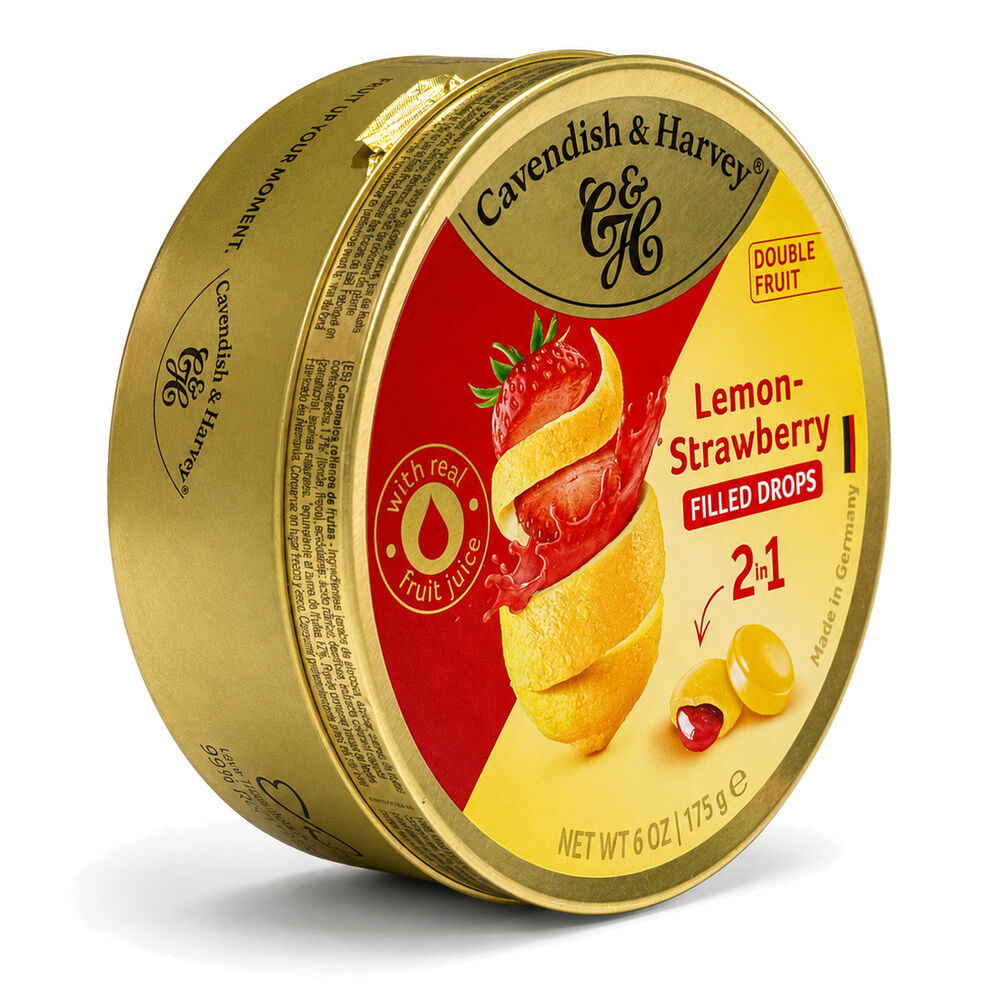 Cavendish & Harvey Double Fruit Lemon Drops Filled With Strawberry 175gm Tin Sweets