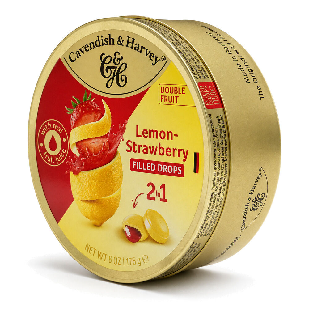 Cavendish & Harvey Double Fruit Lemon Drops Filled With Strawberry 175gm Tin Sweets
