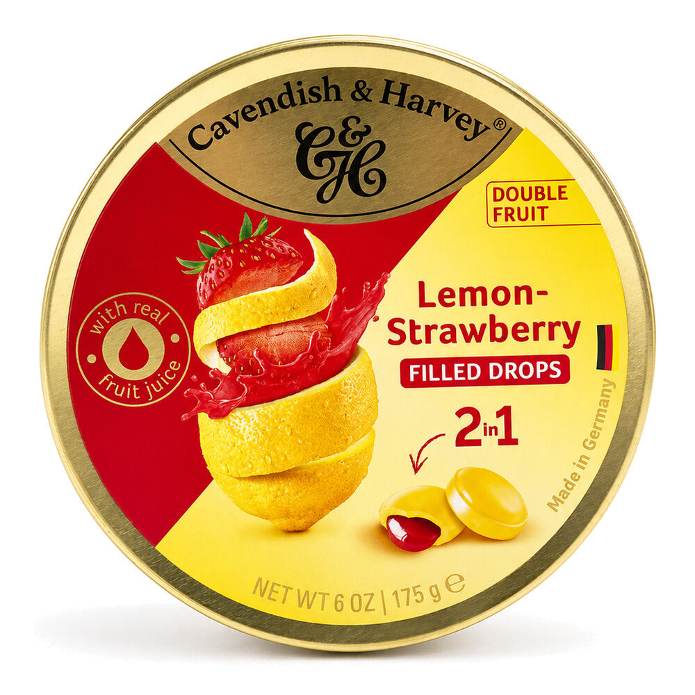 Cavendish & Harvey Double Fruit Lemon Drops Filled With Strawberry 175gm Tin Sweets