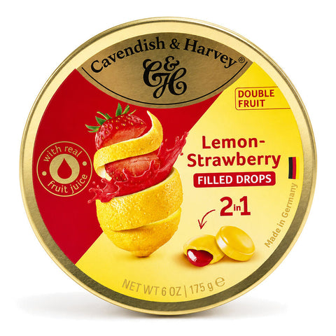 Cavendish & Harvey Double Fruit Lemon Drops Filled With Strawberry 175gm Tin Sweets
