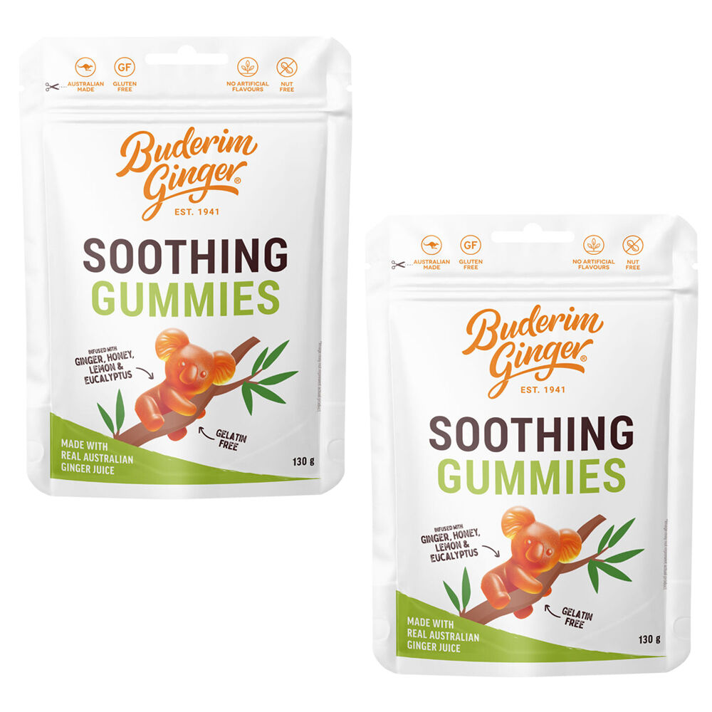 Buderim Ginger Gummies 2 Pack 130g Honey Lemon Eucalyptus Gluten Free Koala