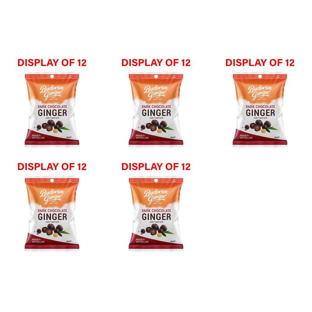 Buderim Ginger Dark Chocolate Ginger 40g Counter Display of 12 Bundle of 5