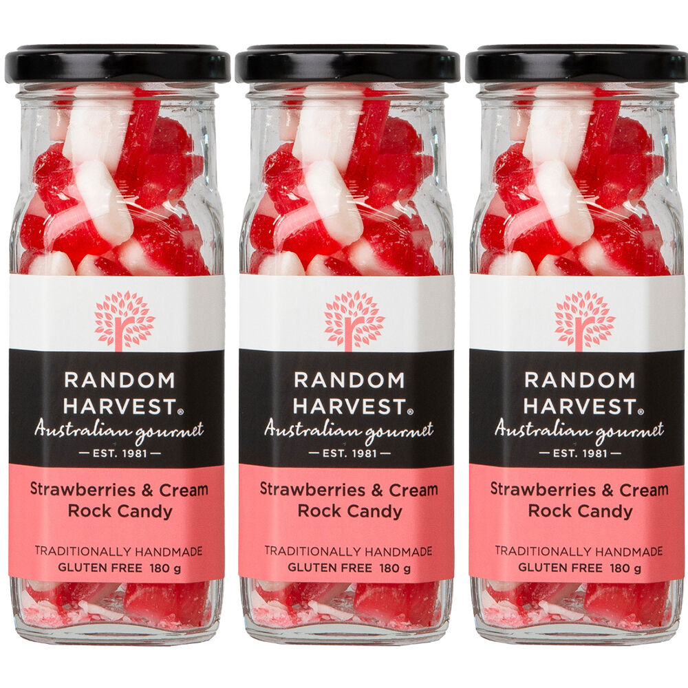 Random Harvest Strawberries and Cream Rock Candy 3 x 180g Glass Jars Gluten Free