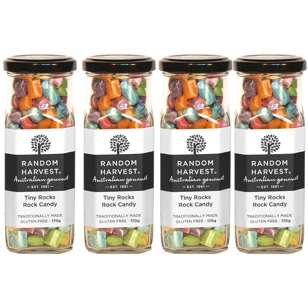Random Harvest Tiny Rocks Rock Candy 4 Pack 170g Glass Jar Vegan Colourful Lollies