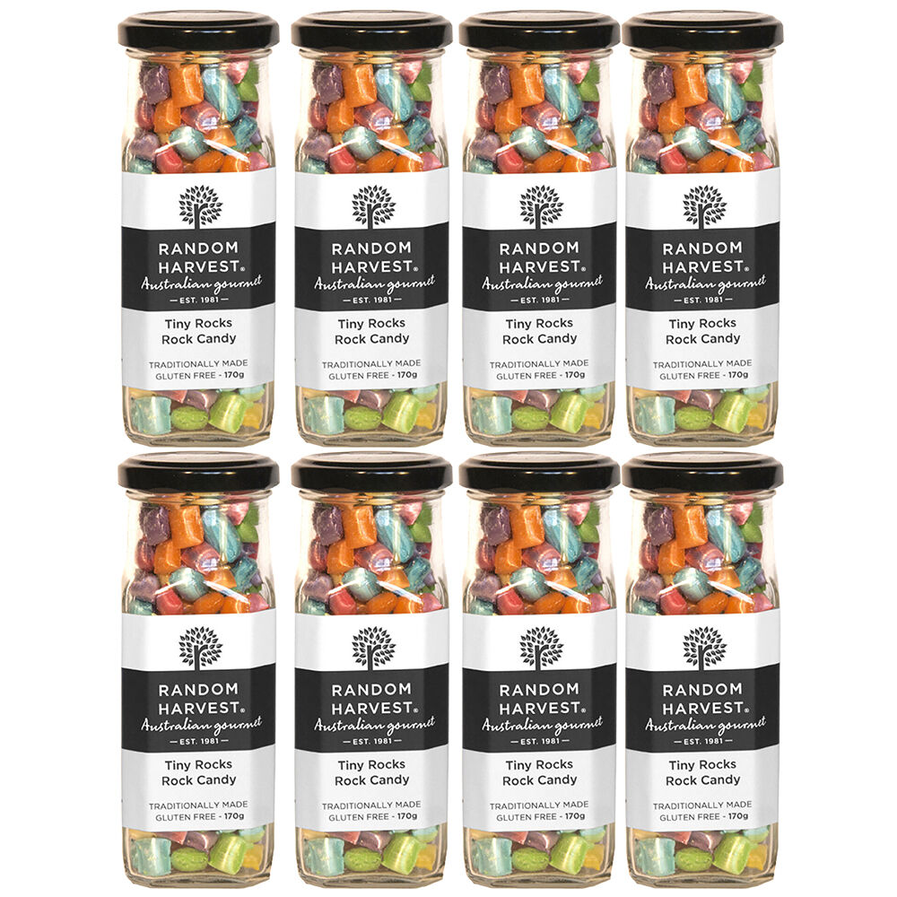 Random Harvest Tiny Rocks Rock Candy 8 x 170g Glass Jars Colourful Vegan Sweets