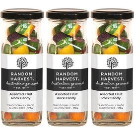 Random Harvest Assorted Fruit Rock Candy 3 x 170g Glass Jars Vegan Friendly