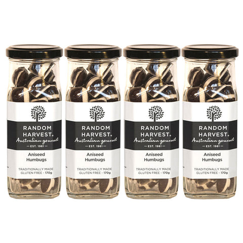 Random Harvest Aniseed Humbugs Candy 4 Pack 170g Glass Jar Vegan Sweets