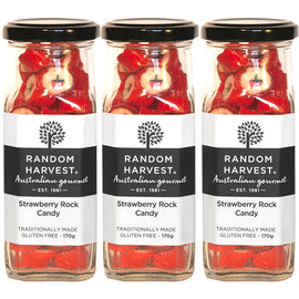 Random Harvest Strawberry Rock Candy 3 x 170g Glass Jars Gluten Free Vegan