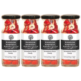 Random Harvest Strawberry Rock Candy 4 Pack 170g Glass Jar Vegan Lollies