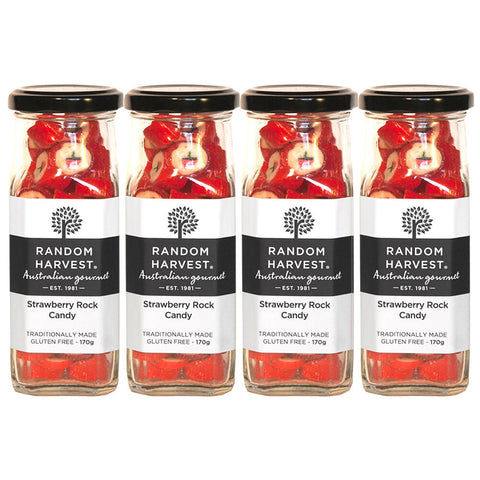 Random Harvest Strawberry Rock Candy 4 Pack 170g Glass Jar Vegan Lollies