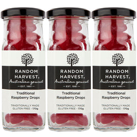 Random Harvest Traditional Raspberry Drops 3 x 170g Glass Jars Gluten Free