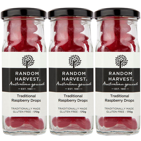 Random Harvest Traditional Raspberry Drops 3 x 170g Glass Jars Gluten Free