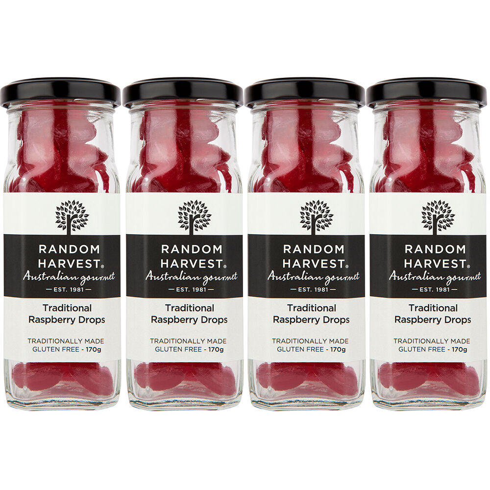 Random Harvest Raspberry Drops Candy 4 Pack 170g Glass Jar Vegan Australian Sweets