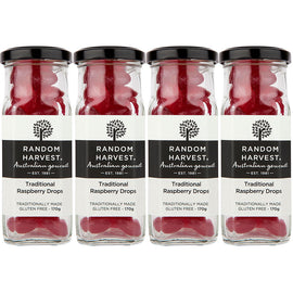 Random Harvest Raspberry Drops Candy 4 Pack 170g Glass Jar Vegan Australian Sweets