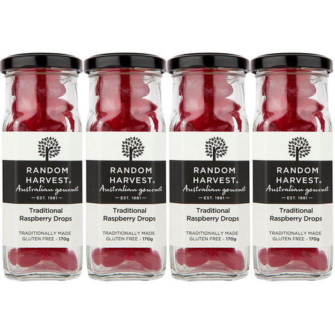Random Harvest Raspberry Drops Candy 4 Pack 170g Glass Jar Vegan Australian Sweets
