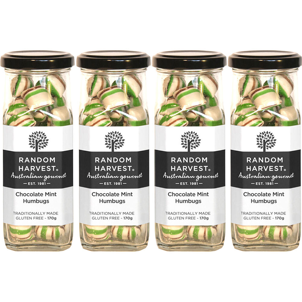 Random Harvest Chocolate Mint Humbugs 4 Pack 170g Glass Jar Vegan Sweets