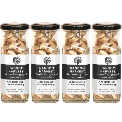 Random Harvest Chocolate Irish Cream Humbugs 4 Pack 170g Glass Jar Vegan Sweets