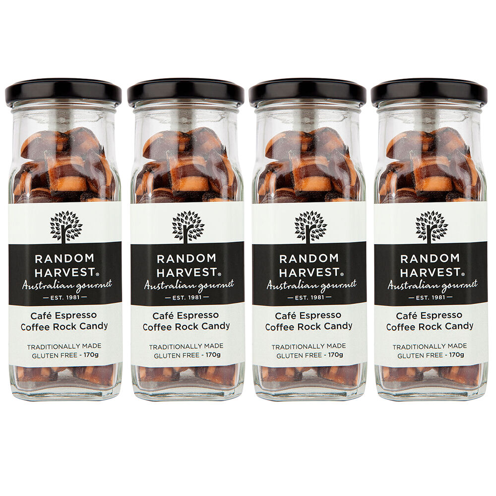 Random Harvest Cafe Espresso Rock Candy 4 x 170g Glass Jars Vegan Gluten Free