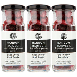 Random Harvest Choc Cherry Rock Candy 3 Pack 170g Glass Jar Vegan Sweets