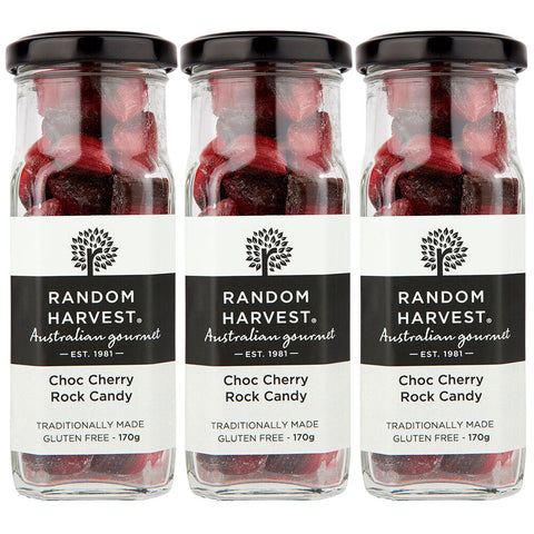Random Harvest Choc Cherry Rock Candy 3 Pack 170g Glass Jar Vegan Sweets