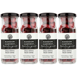 Random Harvest Choc Cherry Rock Candy 4 x 170g Glass Jars Gluten Free Vegan Lollies