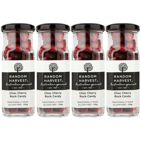 Random Harvest Choc Cherry Rock Candy 4 x 170g Glass Jars Gluten Free Vegan Lollies