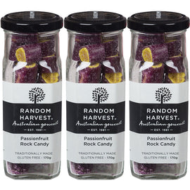 Random Harvest Passionfruit Rock Candy 3 Pack 170g Glass Jar Vegan Lollies