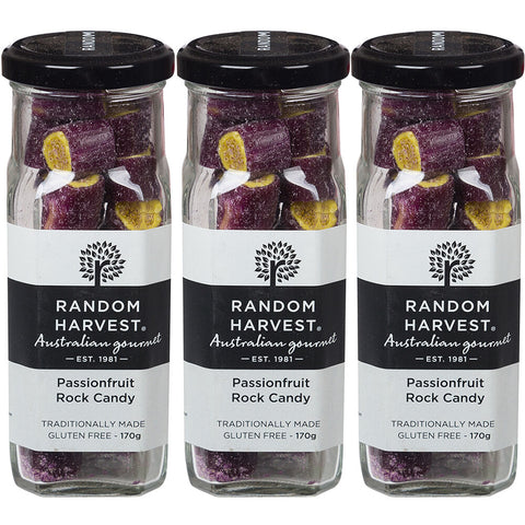 Random Harvest Passionfruit Rock Candy 3 Pack 170g Glass Jar Vegan Lollies