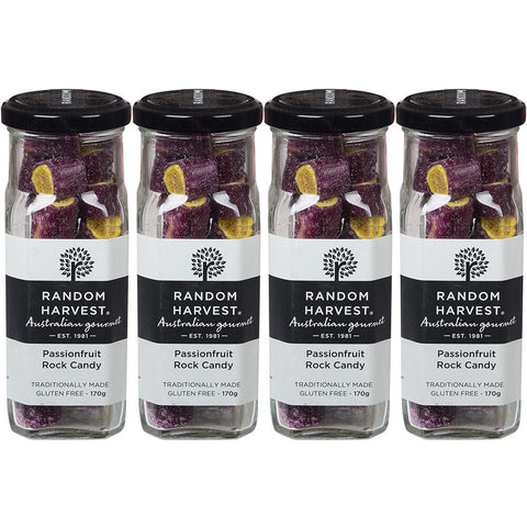 Random Harvest Passionfruit Rock Candy 4 x 170g Glass Jars Vegan Gluten Free Lollies