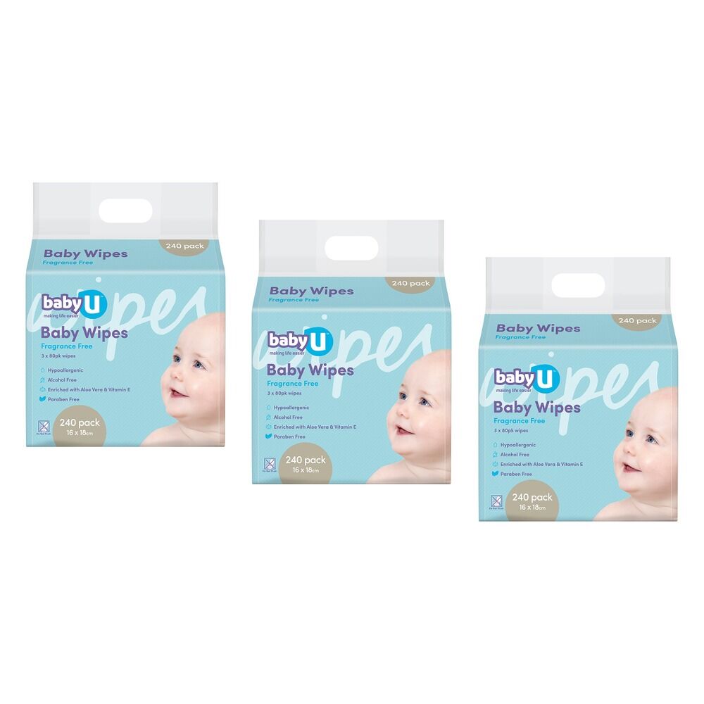 Baby U Baby Wipes Fragrance Free 240 Wipes Pack of 3
