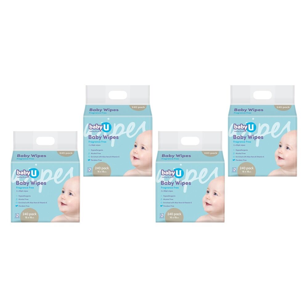 Baby U Baby Wipes Fragrance Free 240 Wipes Pack of 4
