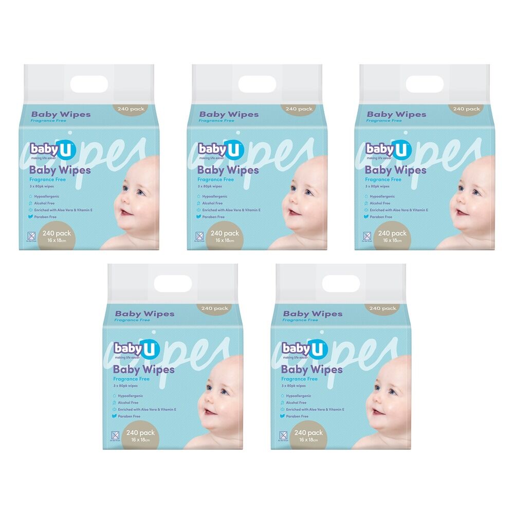 Baby U Baby Wipes Fragrance Free 240 Wipes Pack of 5