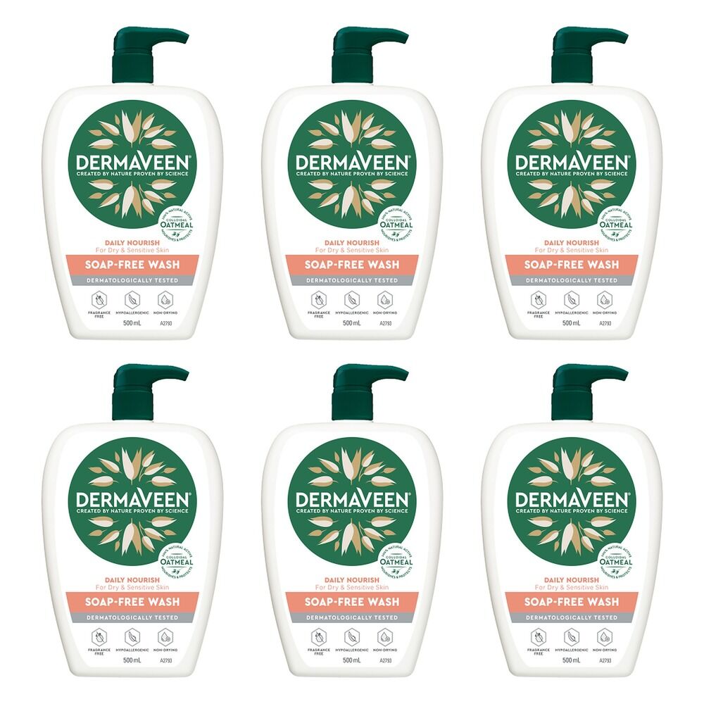 DermaVeen Daily Nourish Soap-Free Wash for Dry & Sensitive Skin 500mL Pack of 6