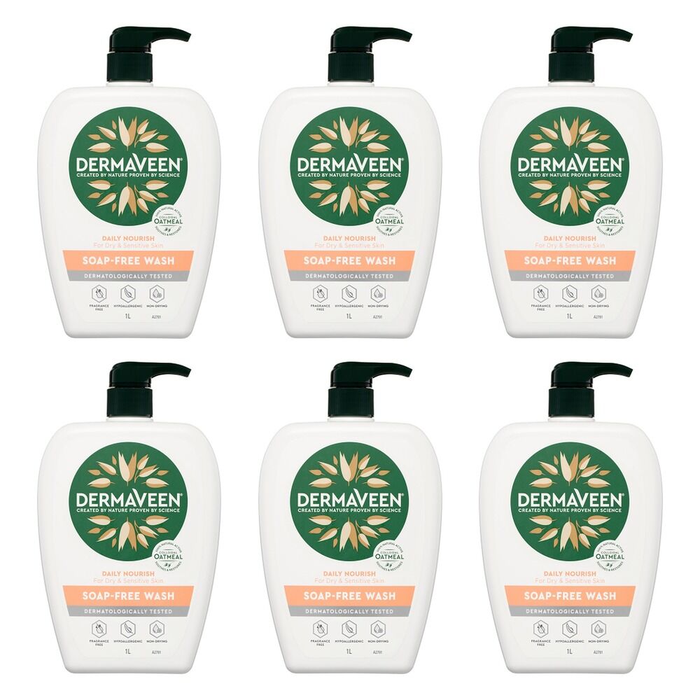 DermaVeen Daily Nourish Soap-Free Wash for Dry & Sensitive Skin 1L Pack of 6