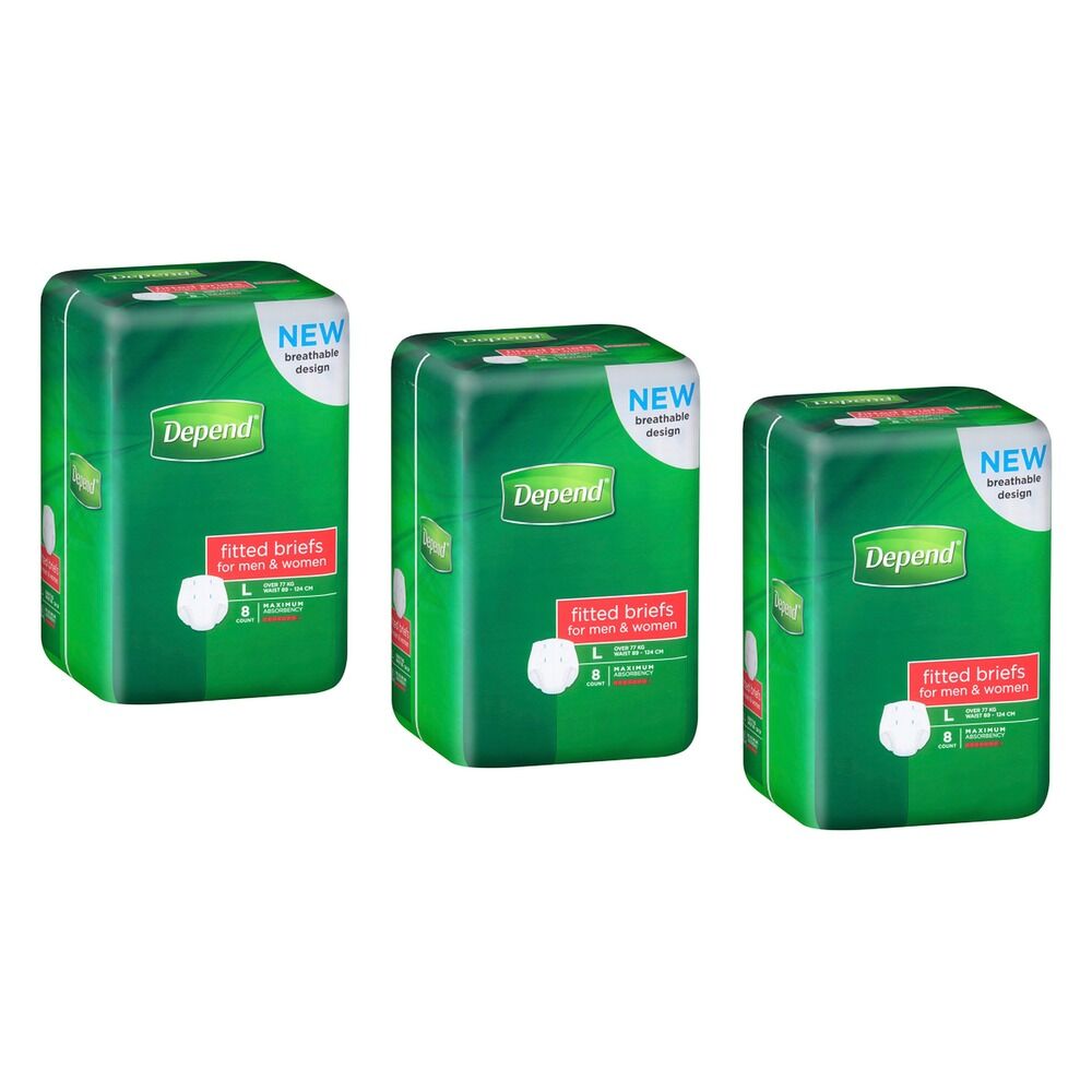 Depend Fitted Briefs Large 8 Pack x 4 Bundle of 3
