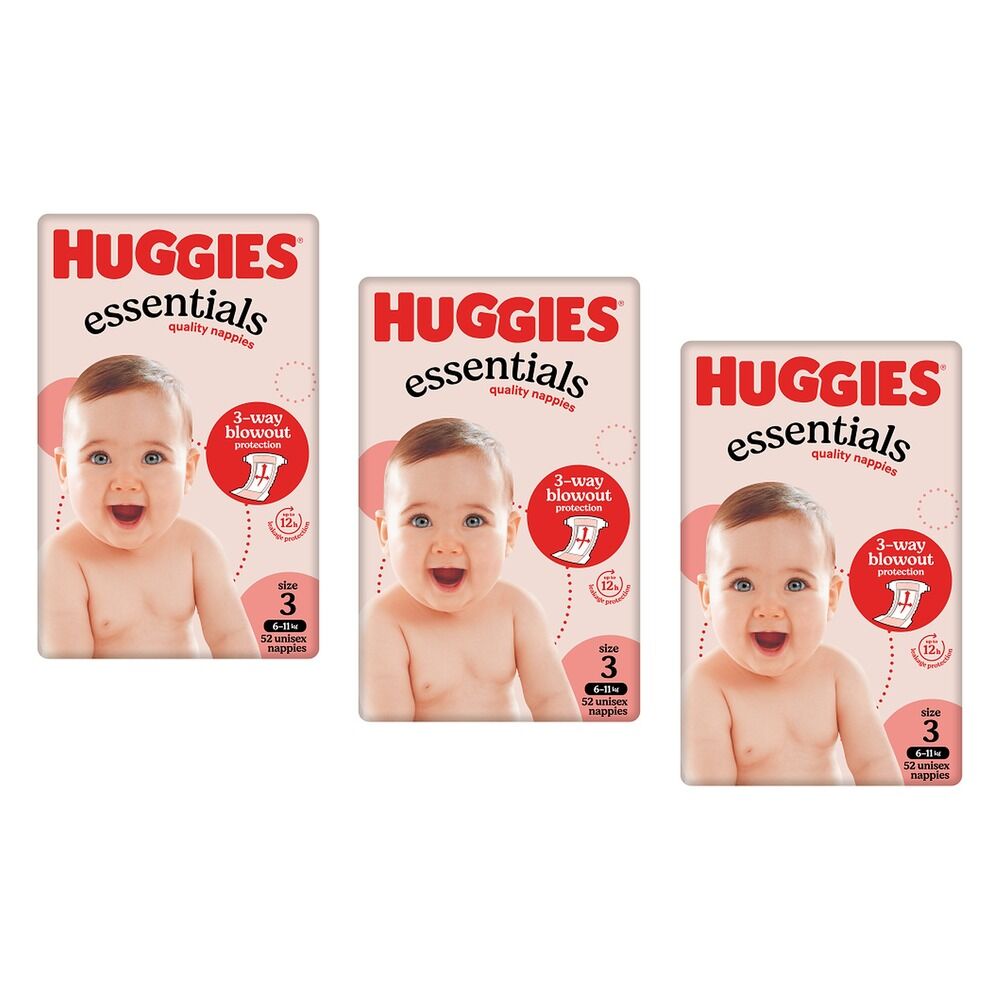Huggies Essentials Unisex Nappies, Size 3 x 4 Bundle of 3
