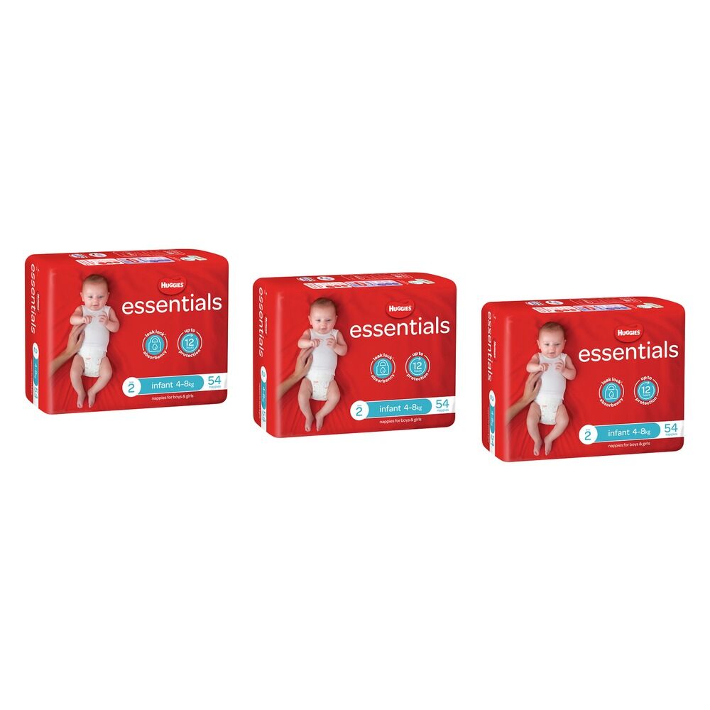 Huggies Essentials Nappies Size 2 (up to 8kg) 54 Pack x 4 Bundle of 3