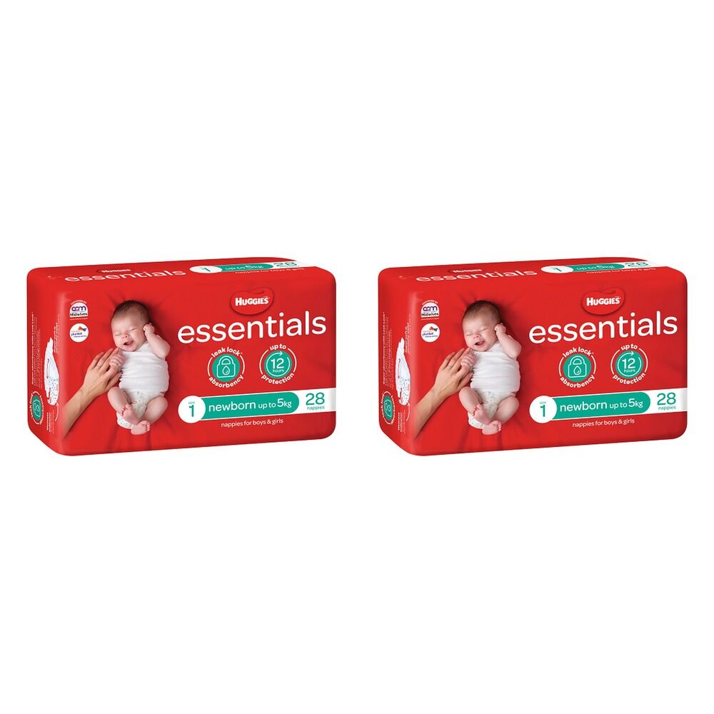 Huggies Essentials Nappies Size 1 Newborn (up to 5kg) 28 Pack x 4 Bundle of 2