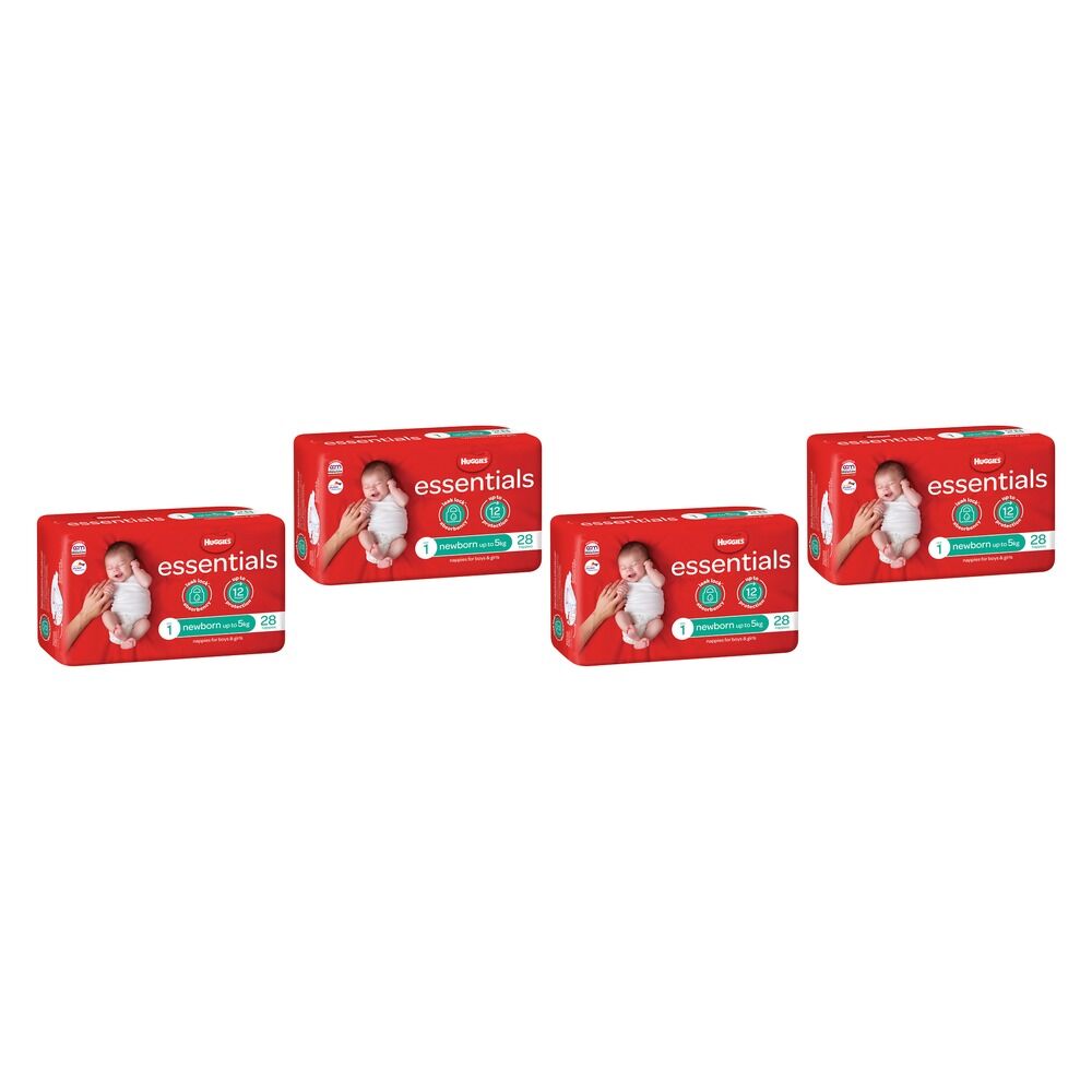 Huggies Essentials Nappies Size 1 Newborn (up to 5kg) 28 Pack x 4 Bundle of 4