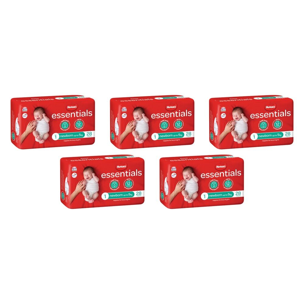Huggies Essentials Nappies Size 1 Newborn (up to 5kg) 28 Pack x 4 Bundle of 5