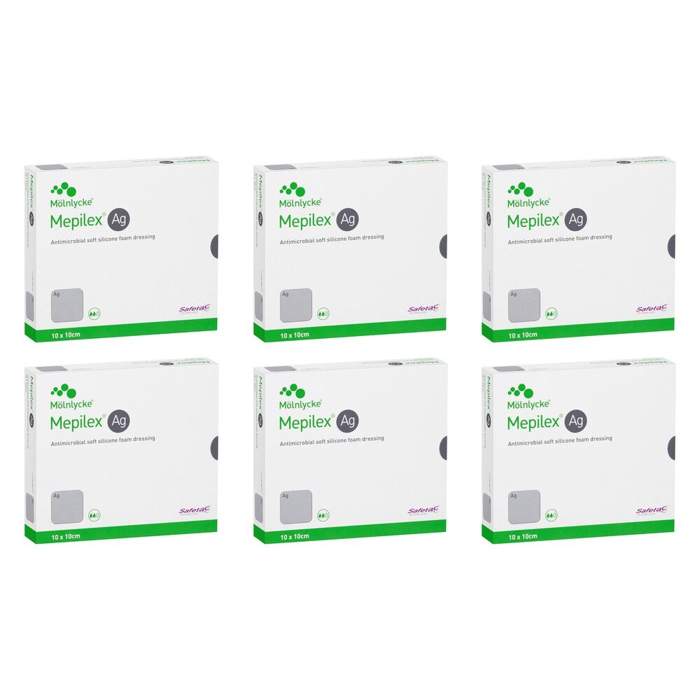 Mepilex Ag Antimicrobial Silicone Foam Dressing 10cm x 10cm 5 Pieces Pack of 6