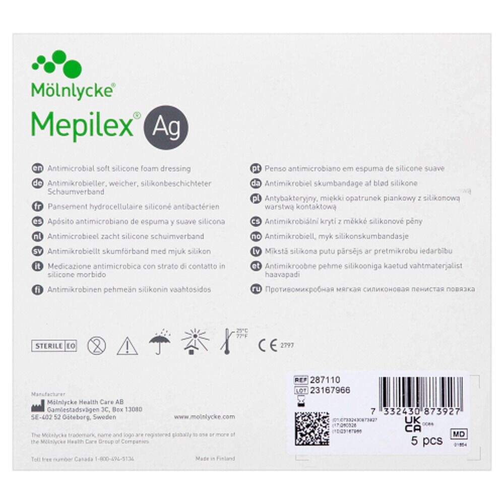 Mepilex Ag Antimicrobial Silicone Foam Dressing 10cm x 10cm 5 Pieces