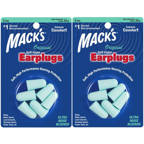 Macks Original Soft Foam Earplugs 2x 3 Pairs Noise Reduction Rating 33db