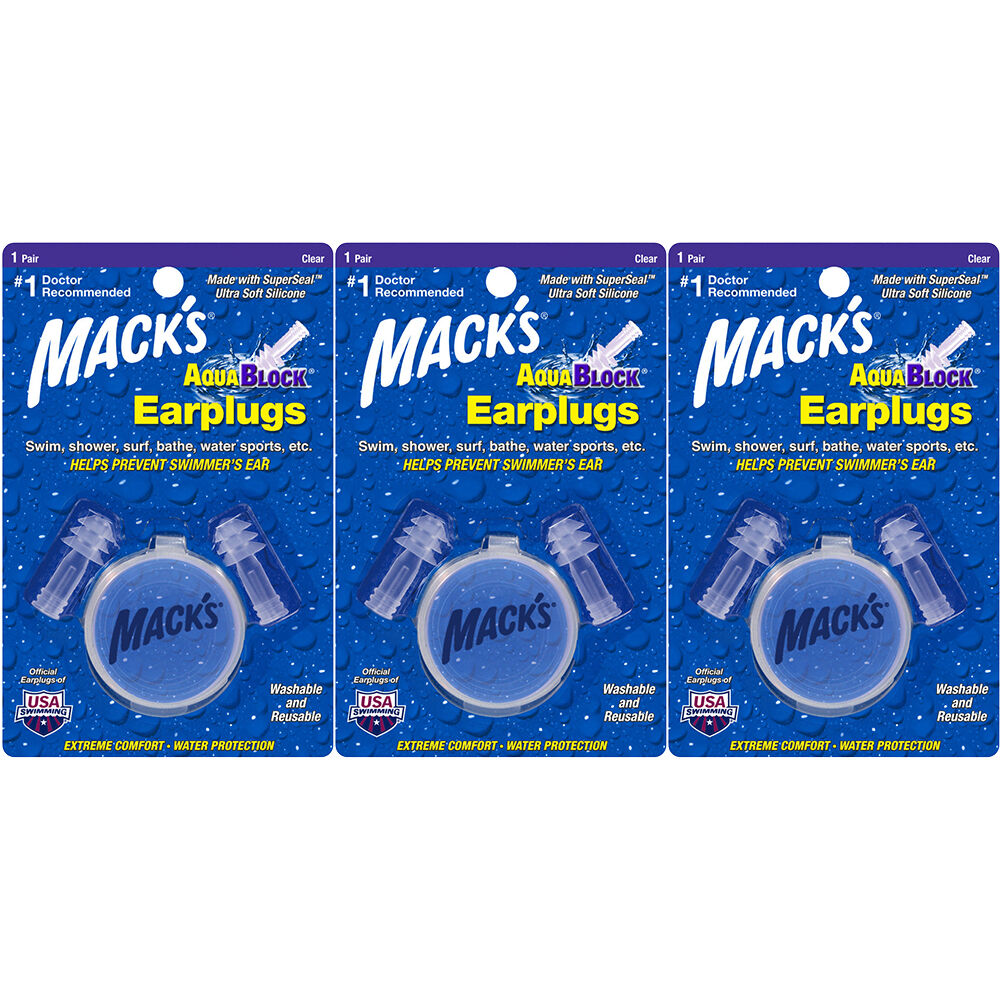 Macks AquaBlock 3 Pack Earplugs Superseal Ultra Soft Silicone with Case