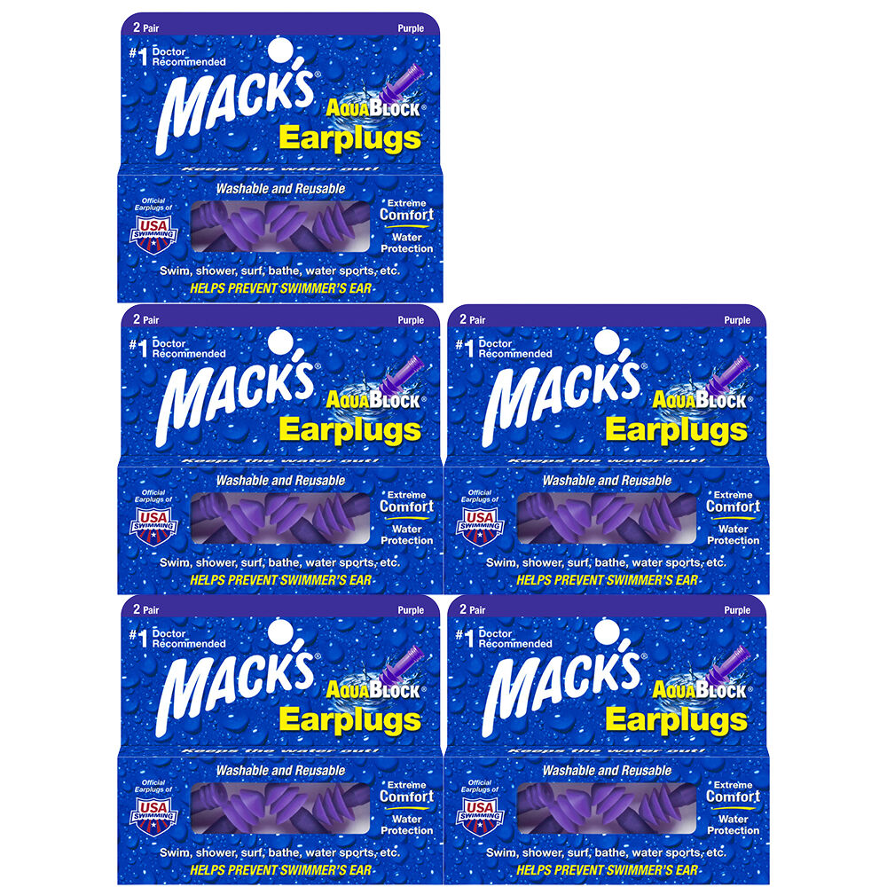 Macks AquaBlock Reusable Silicone Earplugs 2 Pair and Case Pack of 5
