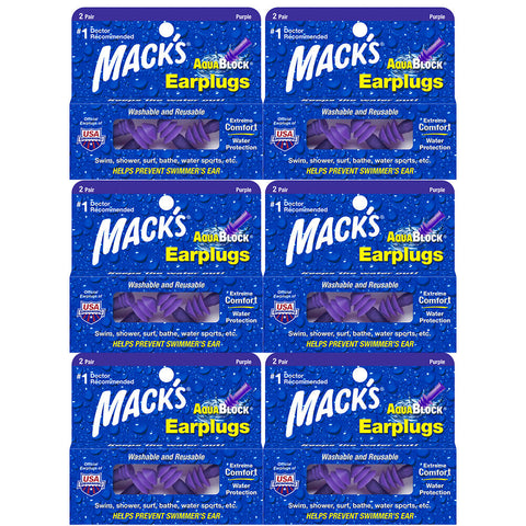 Macks Aquablock Purple 2 Pair Earplugs with Case Washable Reusable Pack of 6